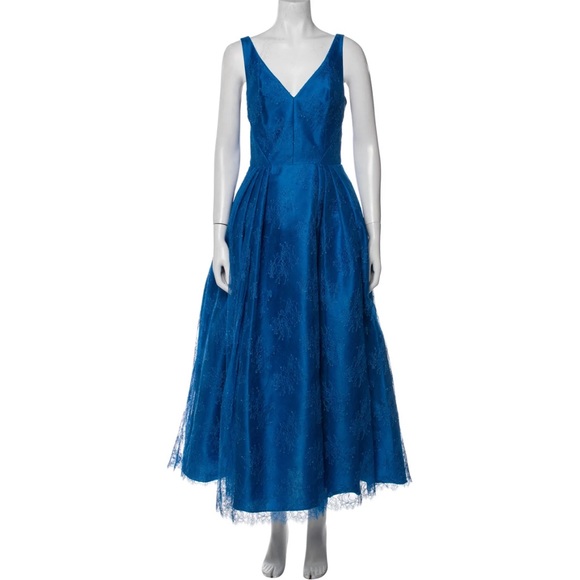 Monique Lhuillier Dresses & Skirts - Monique Lhuillier Lace Evening Gown Dress V-Neck Turquoise Blue Size 6